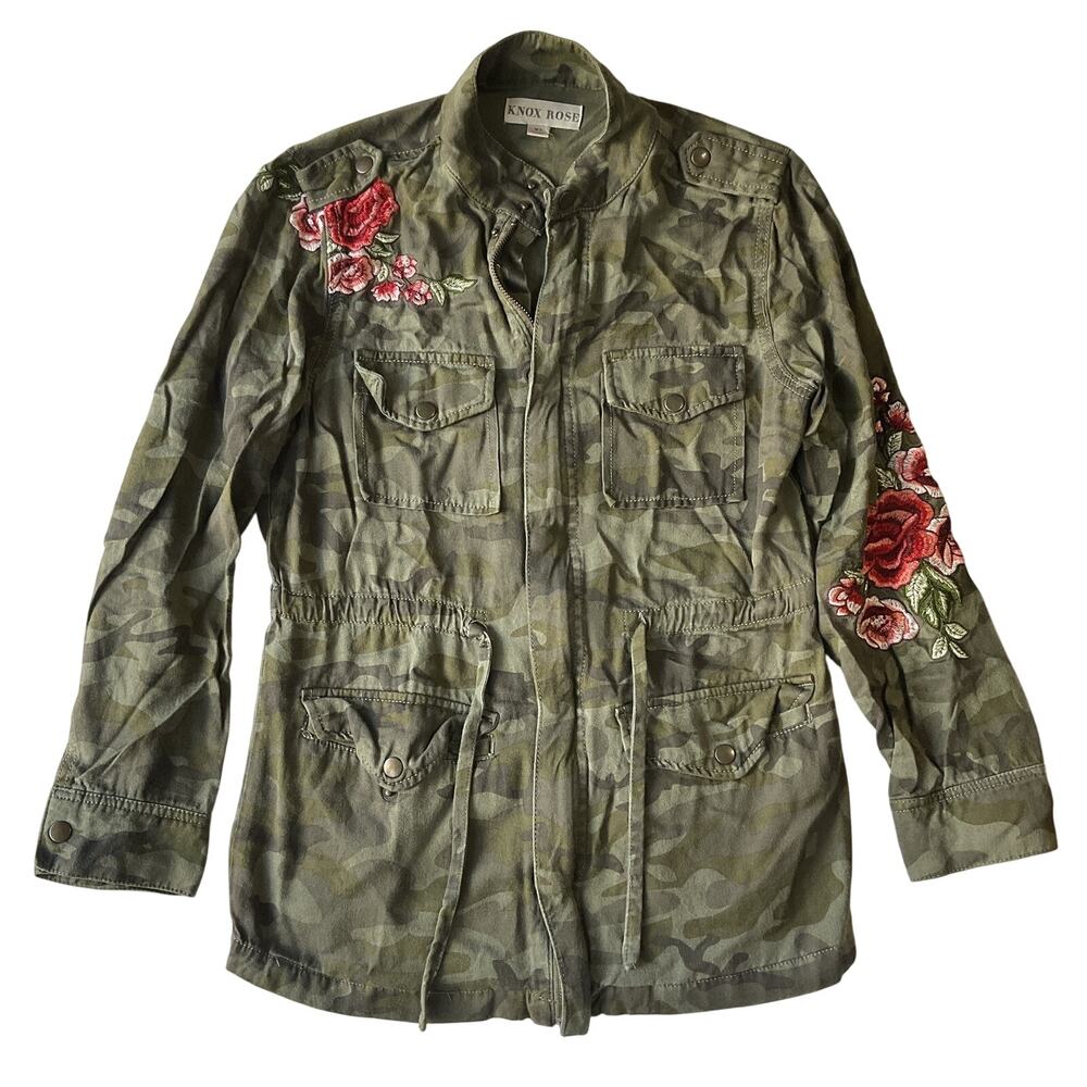 Knox Rose Women Jacket Size XS Green Floral Embroidery Camouflage Utility Button